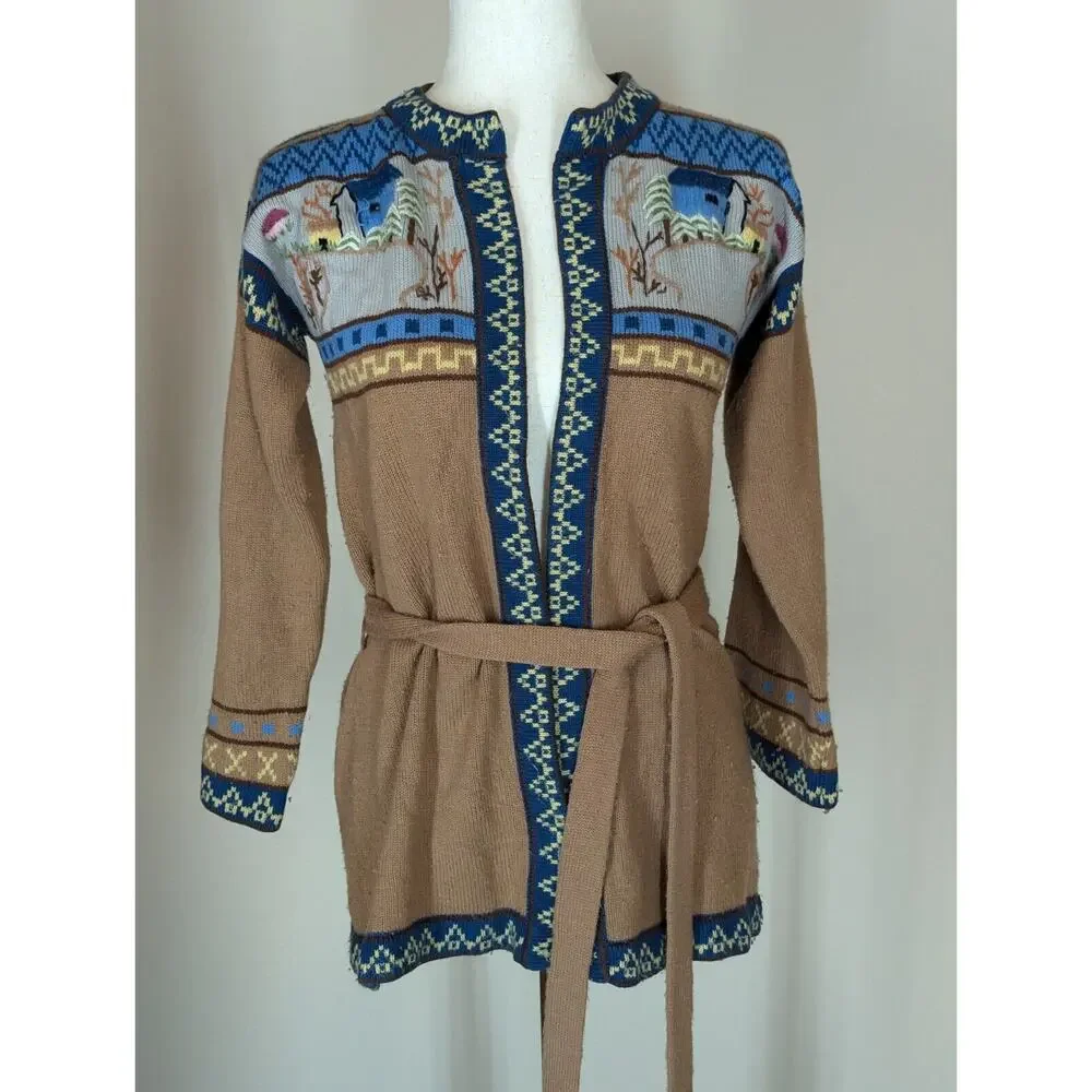 Vintage 1980s Knit Cardigan Sweater Sm Brown Open Front Wrap Belted Cottagecore